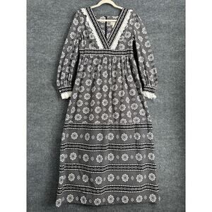 Vintage DollyRockers Maxi Dress Womens 14 Black White Floral 60s 70s Prairie